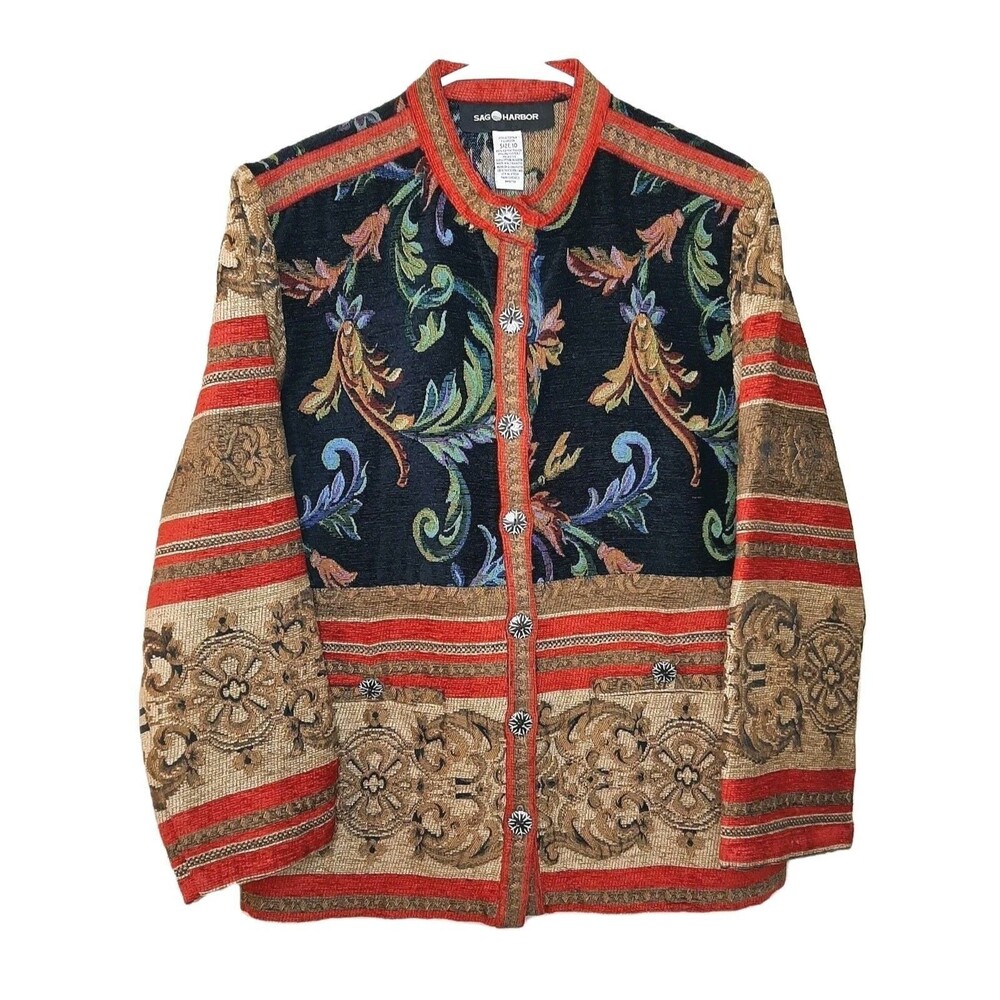 Vintage Sag Harbor Jacket Multicolor Women Sz 10 Tapestry Long Sleeve Button Up